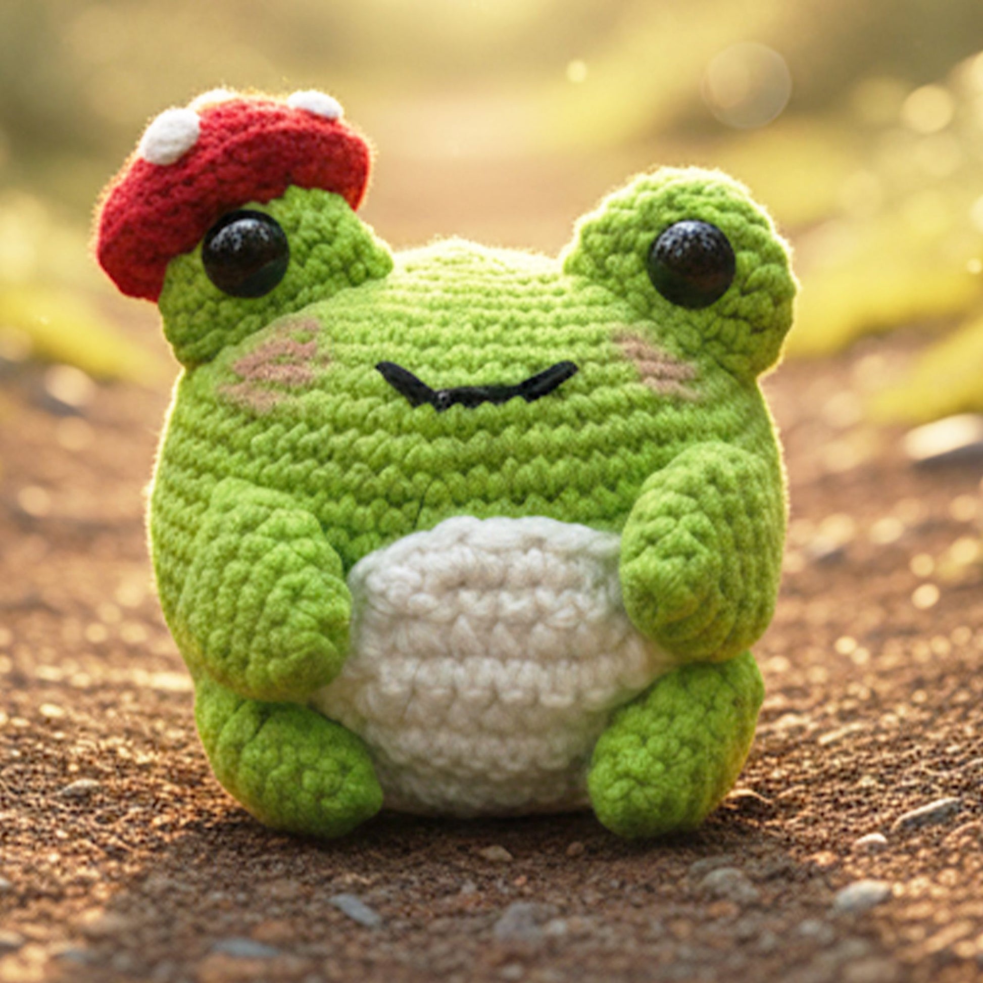 Crocheted frog toy with a red mushroom cap on a natural background